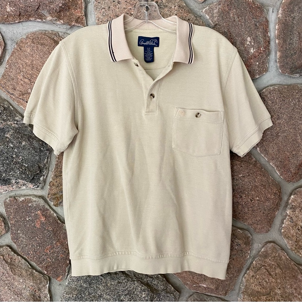 Vintage Arnold Palmer Men's Beige Polo Shirt with Pocket